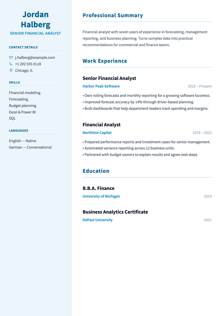 Finance Sidebar resume preview
